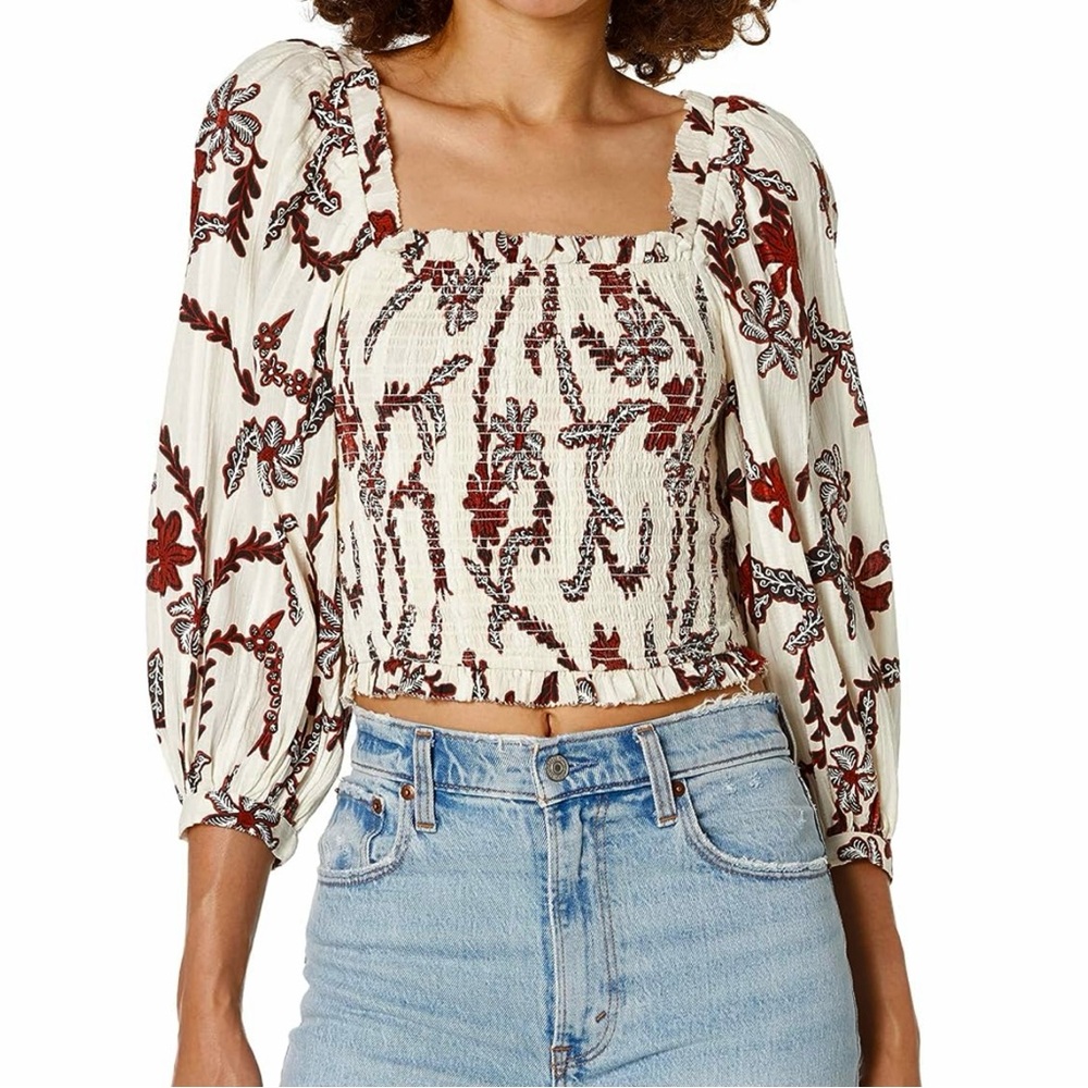 Joie floral blouse smocking cropped top in cream off white - L
